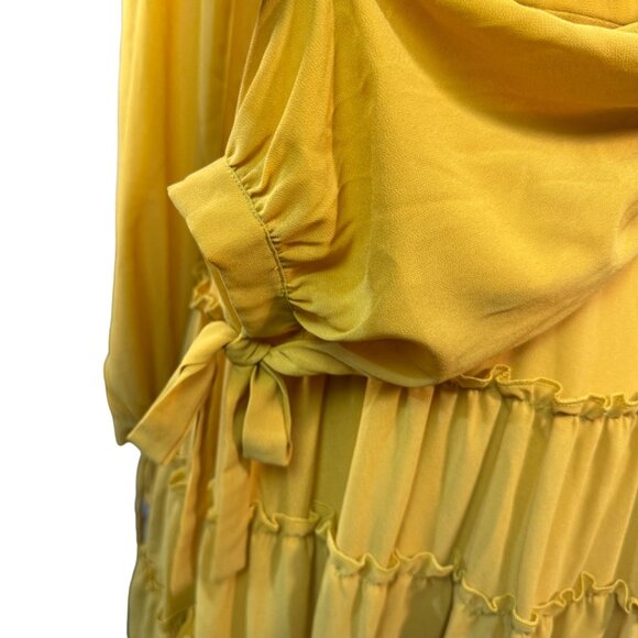 Mustard Yellow Wrap Dress By Shein  US 6 Medium Tiered Ruffle Skirt Long-Sleeve - Picture 3 of 9
